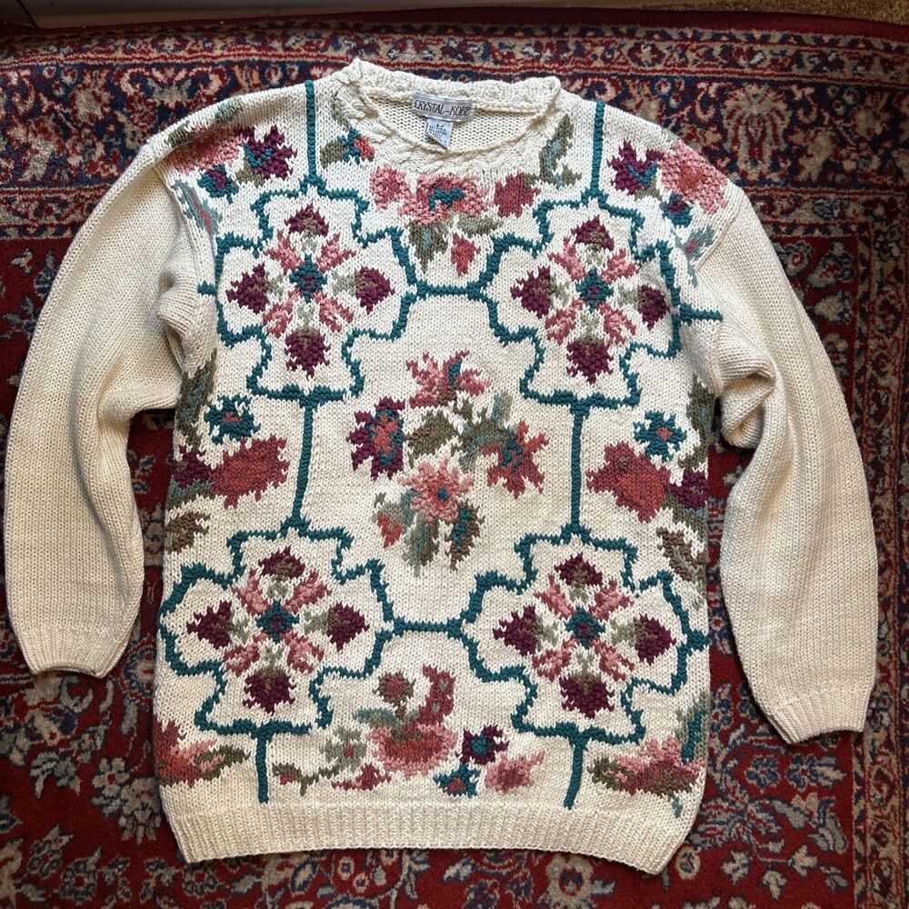 Vintage Crystal Kobe Sweater Womens Small Floral Knit Cotton Ramie Pullover
